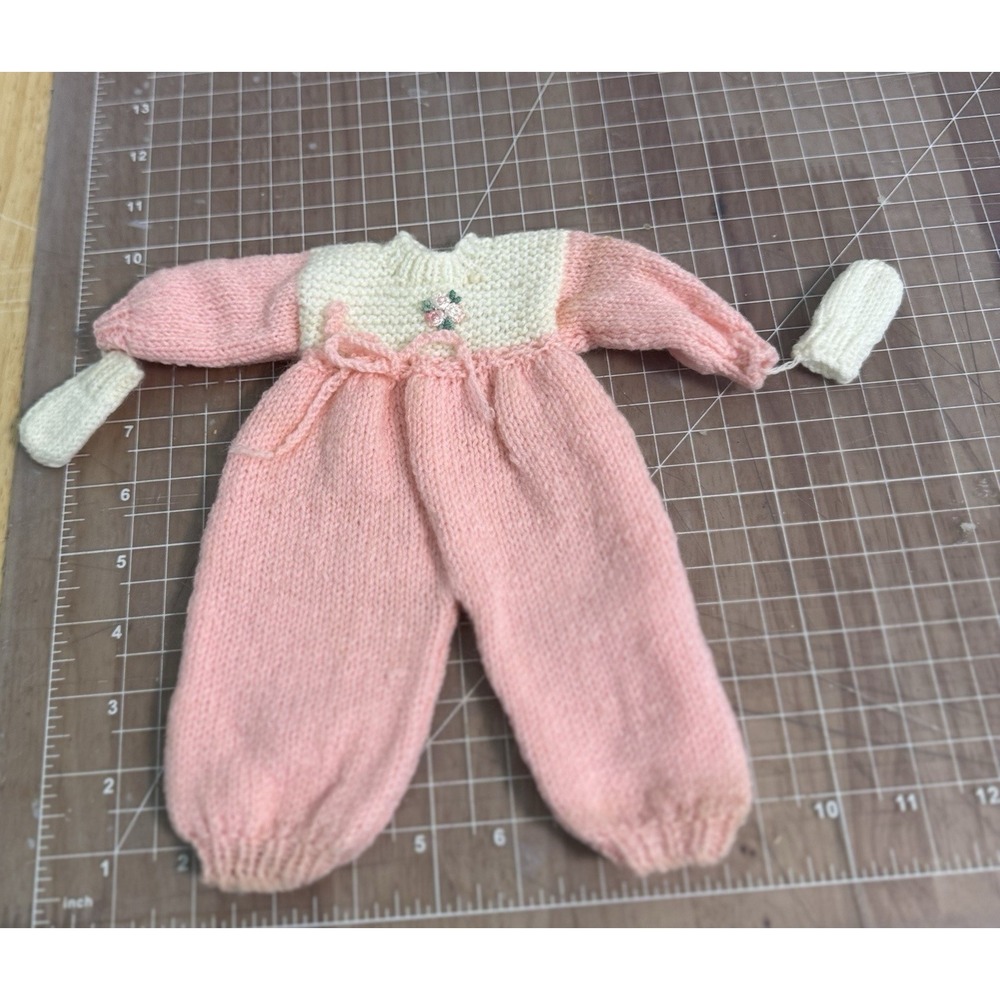 12-14 doll VINTAGE PINK BABY KNIT SWEATER Romper With Mittens